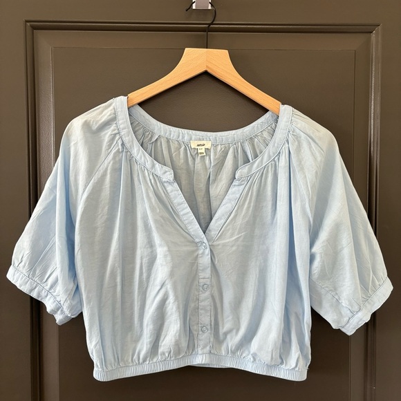Aerie Real Baby Blue Flowy Woven Top with Buttons and Cinched Waist Size S - Picture 2 of 7